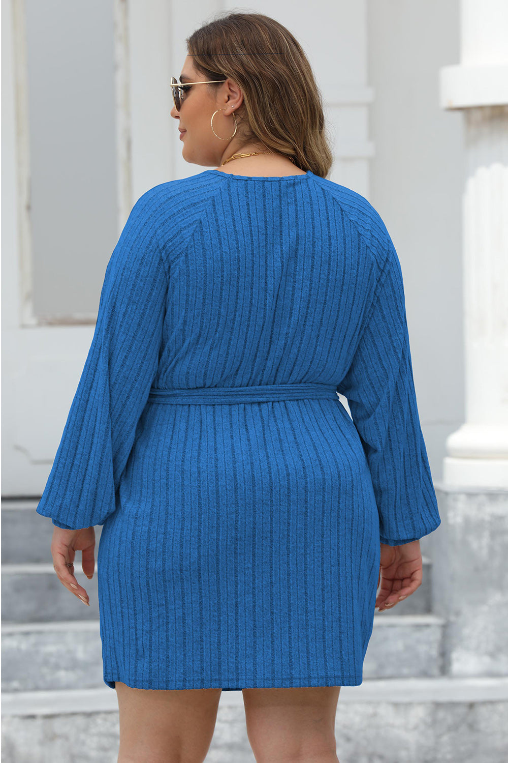 Plus Size Ribbed Tie Front Long Sleeve Sweater Dress - The Boutie Shop