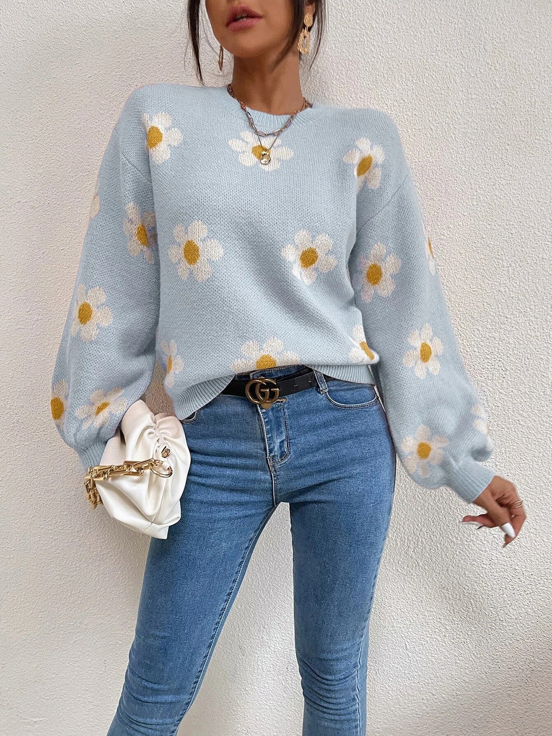 Flower Round Neck Latern Sleeve Sweater - The Boutie Shop