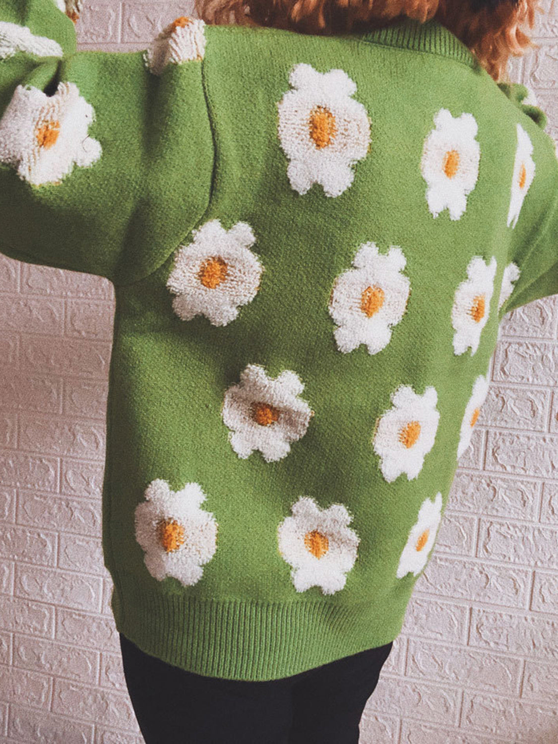 Flower Round Neck Long Sleeve Sweater - The Boutie Shop