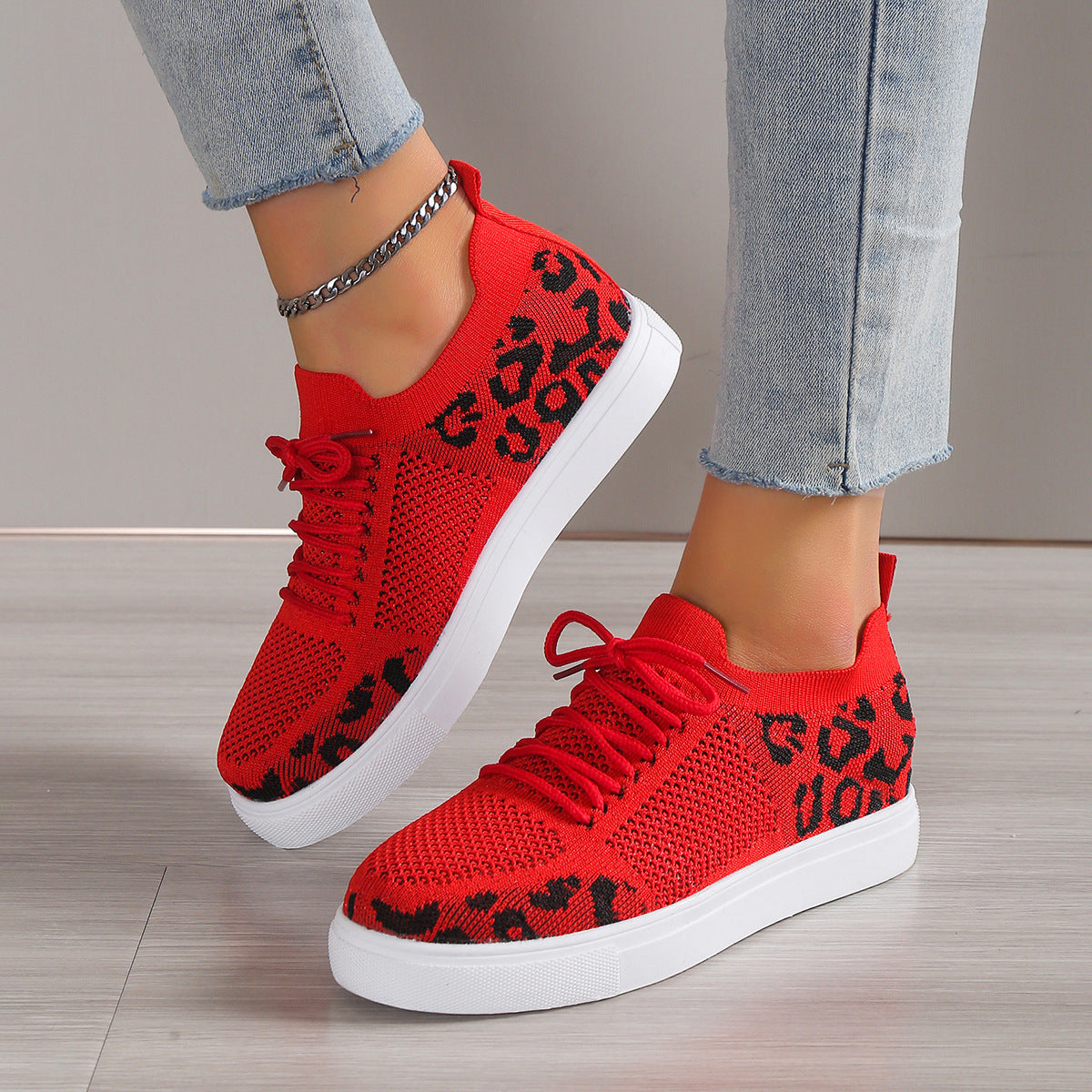 Lace-Up Leopard Flat Sneakers - The Boutie Shop