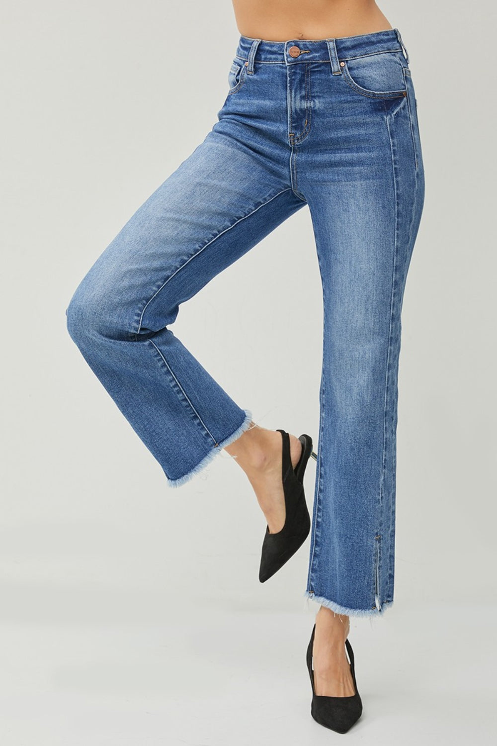 RISEN High Waist Raw Hem Slit Straight Jeans - The Boutie Shop