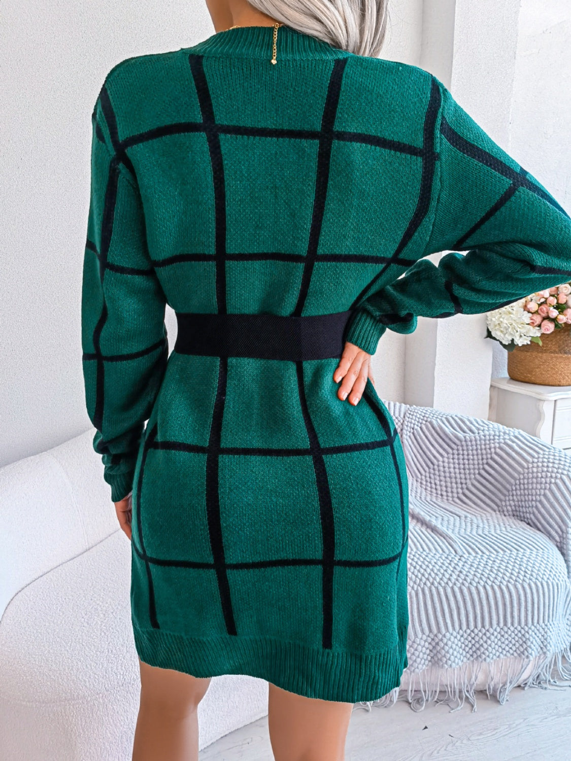 Plaid Round Neck Dropped Shoulder Sweater Dress - The Boutie Shop