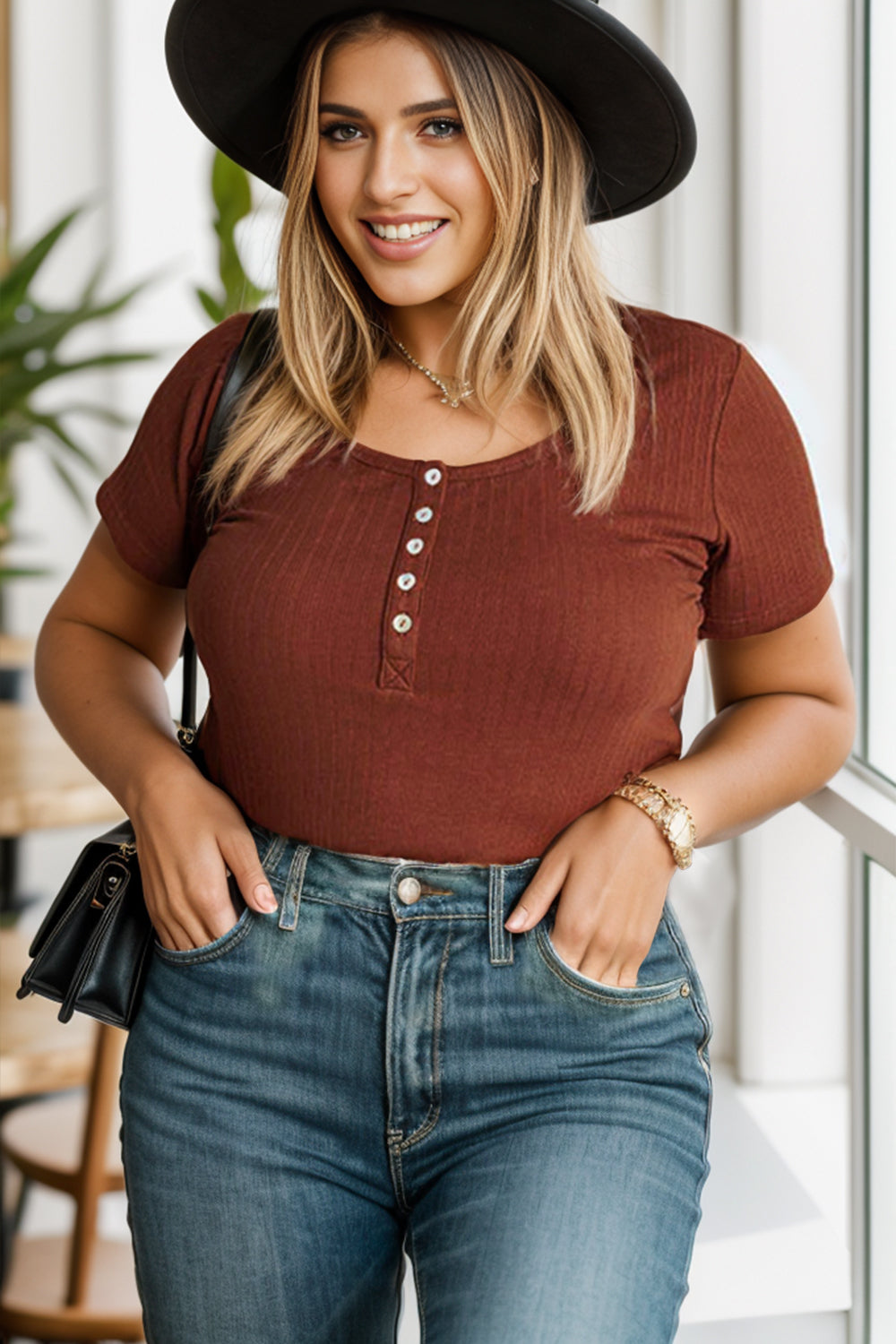 Plus Size Half Button Short Sleeve T-Shirt - The Boutie Shop