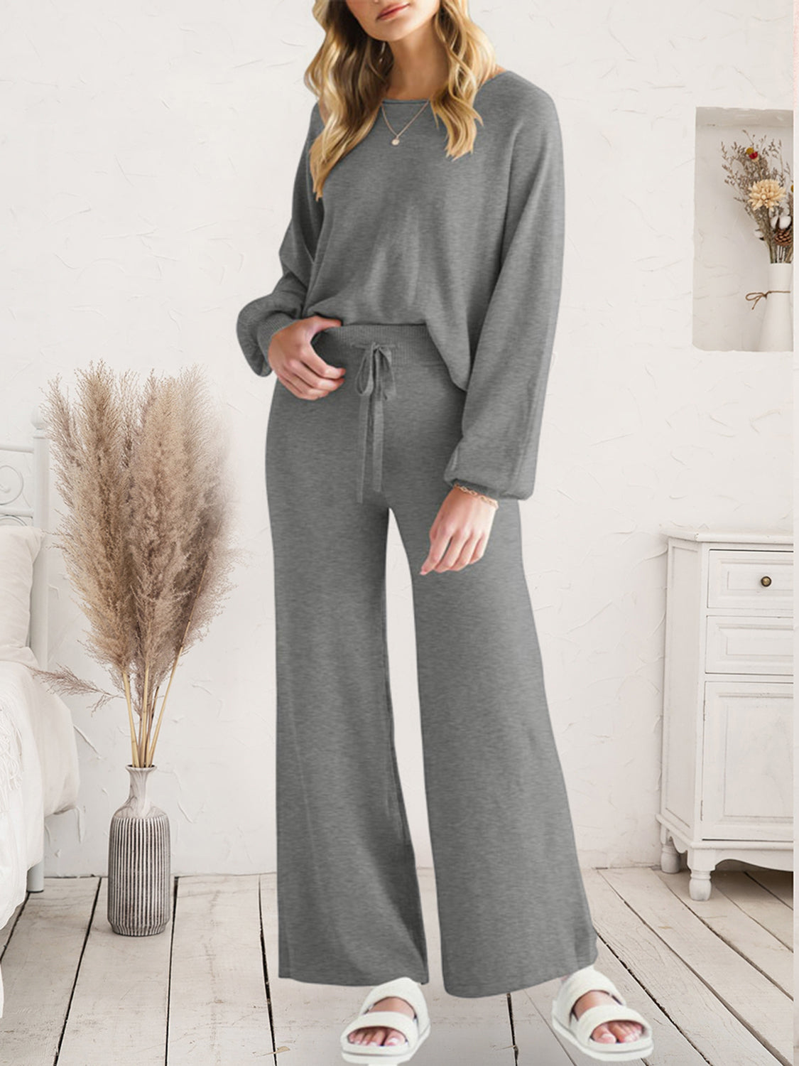 Long Sleeve Lounge Top and Drawstring Pants Set - The Boutie Shop