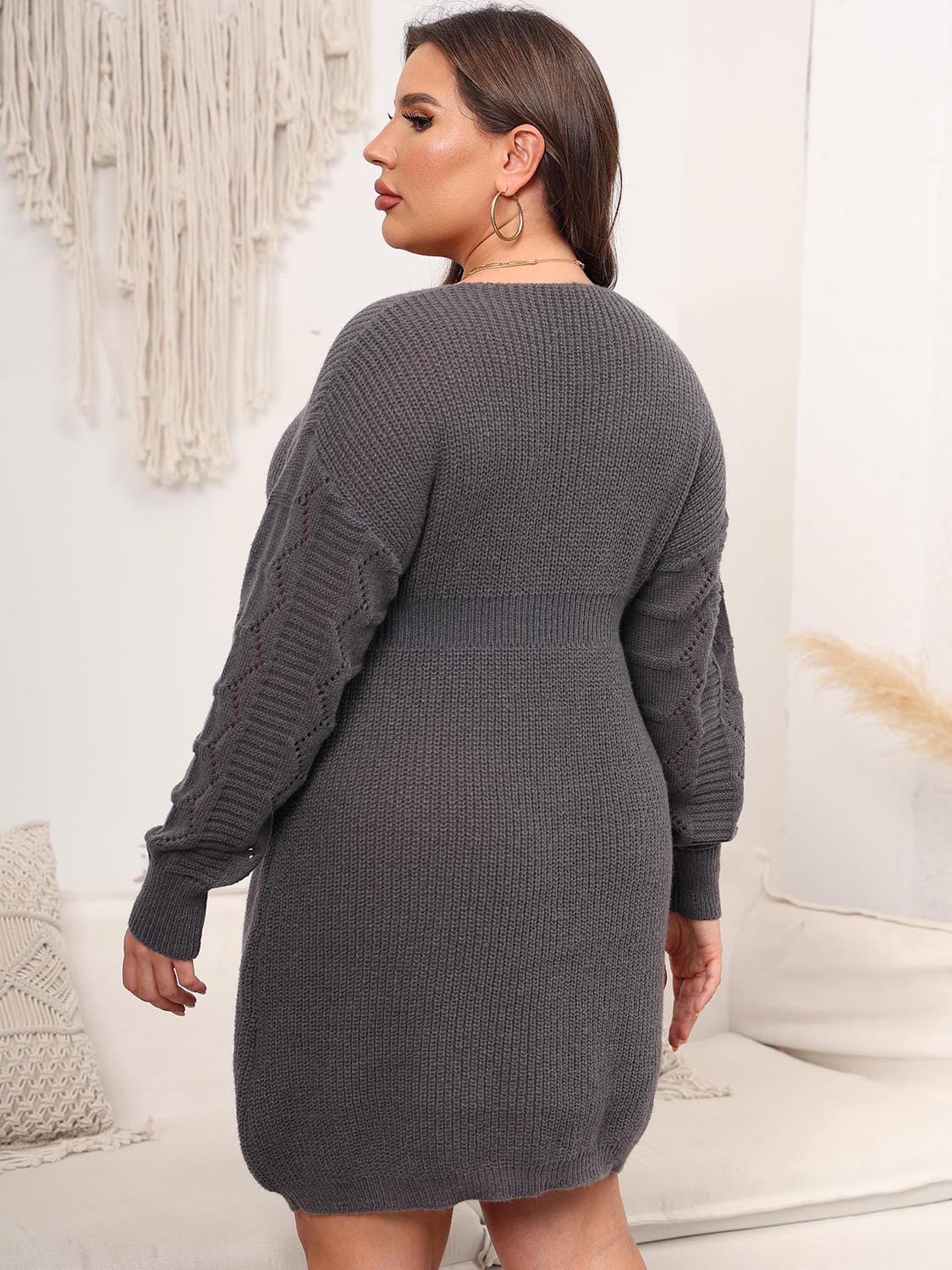 Plus Size Dropped Shoulder Long Sleeve Knit Mini Dress - The Boutie Shop