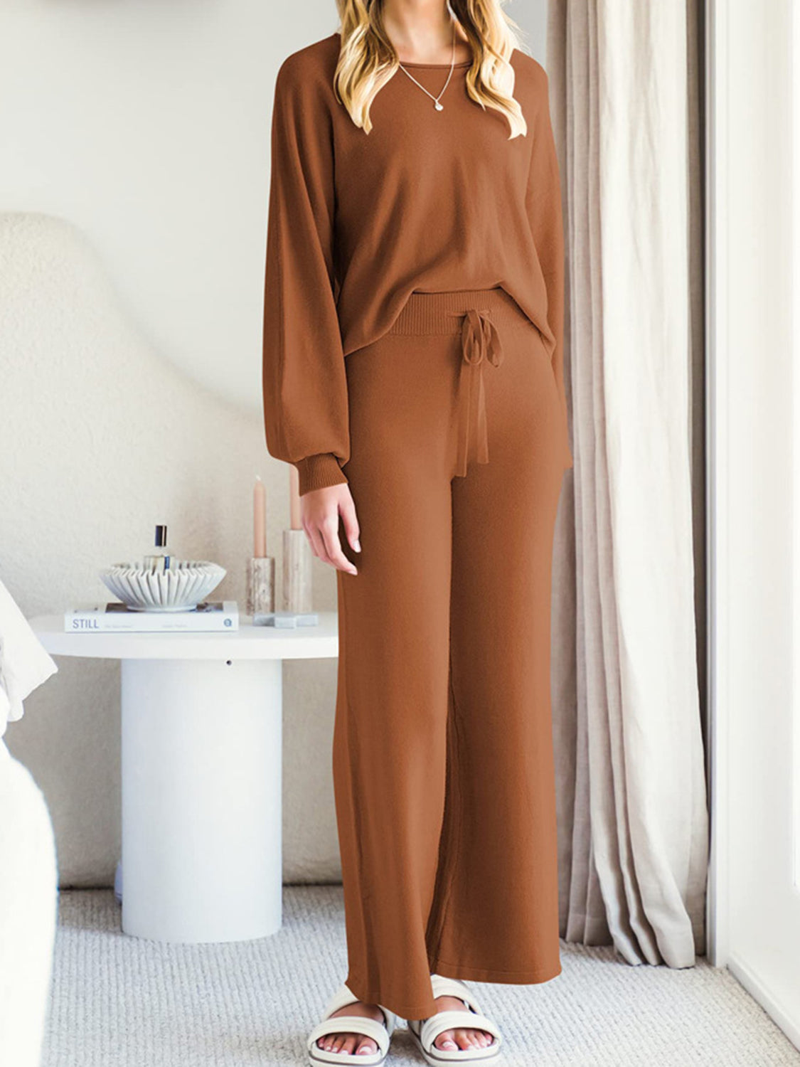 Long Sleeve Lounge Top and Drawstring Pants Set - The Boutie Shop