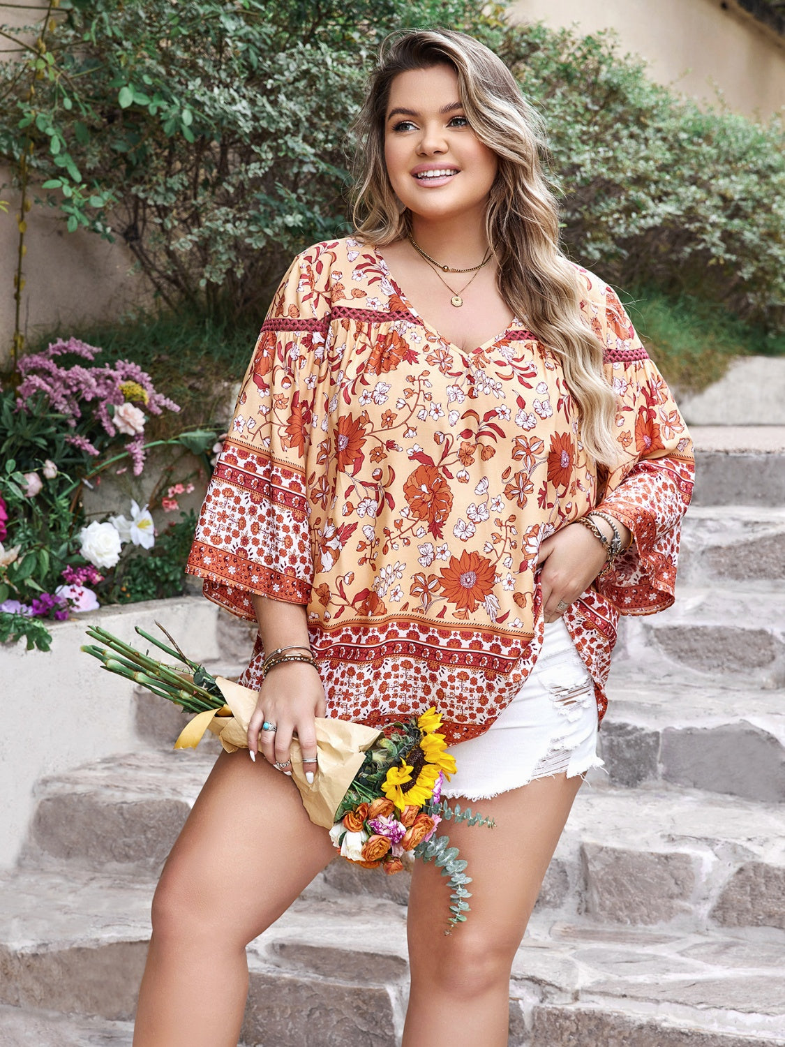 Plus Size Printed V-Neck Three-Quarter Sleeve Blouse - The Boutie Shop