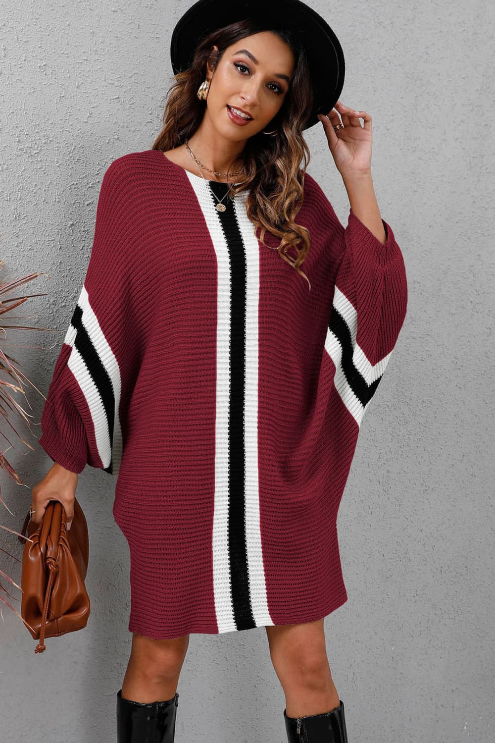 Ribbed Round Neck Long Sleeve Sweater Dress - The Boutie Shop