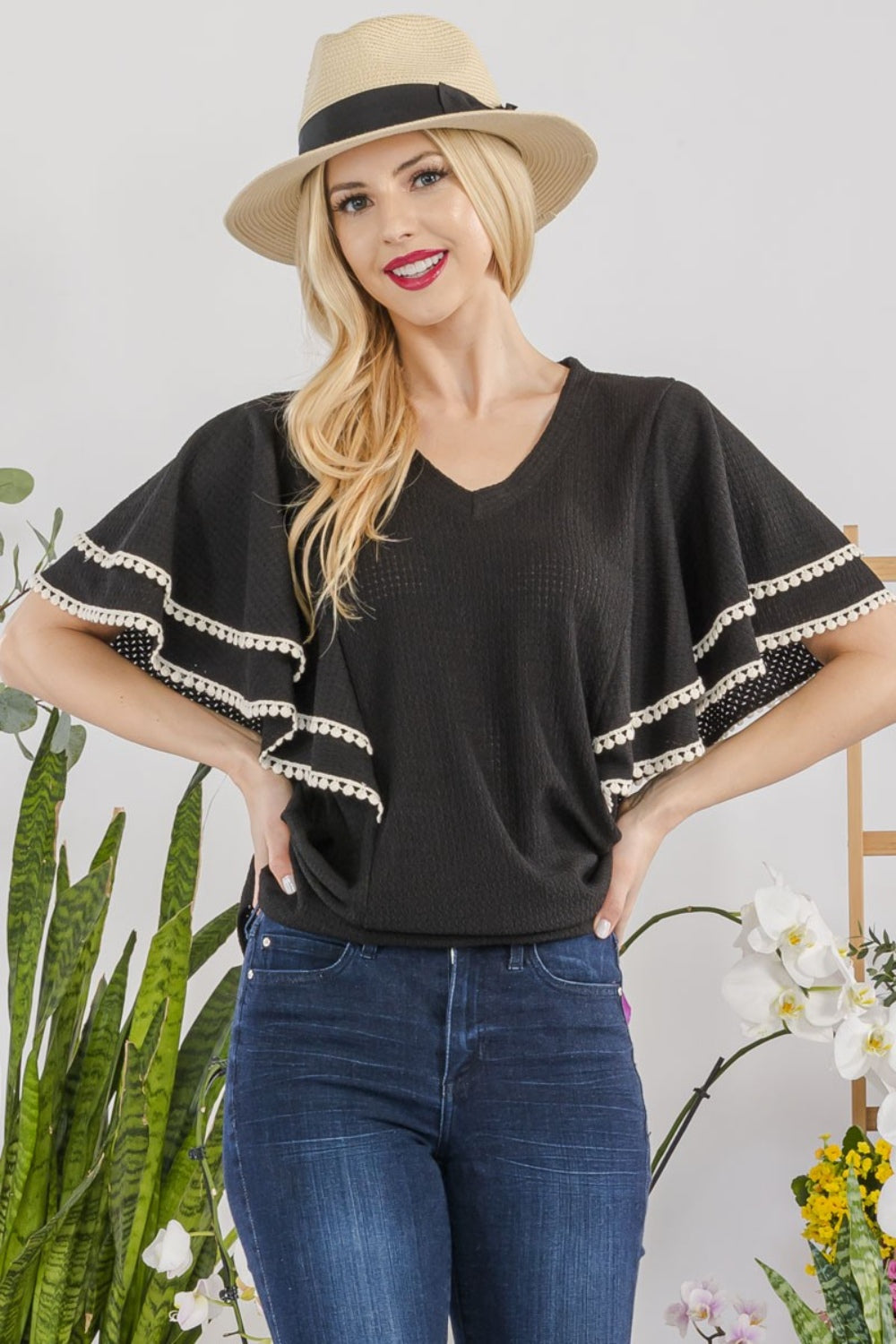 Celeste Full Size V-Neck Lace Trim Flutter Sleeve Top - The Boutie Shop