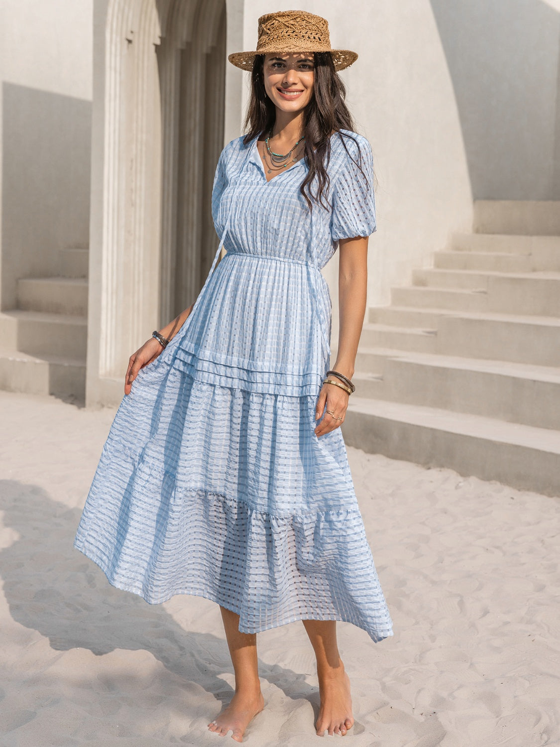 Tie Neck Balloon Sleeve Tiered Dress - The Boutie Shop