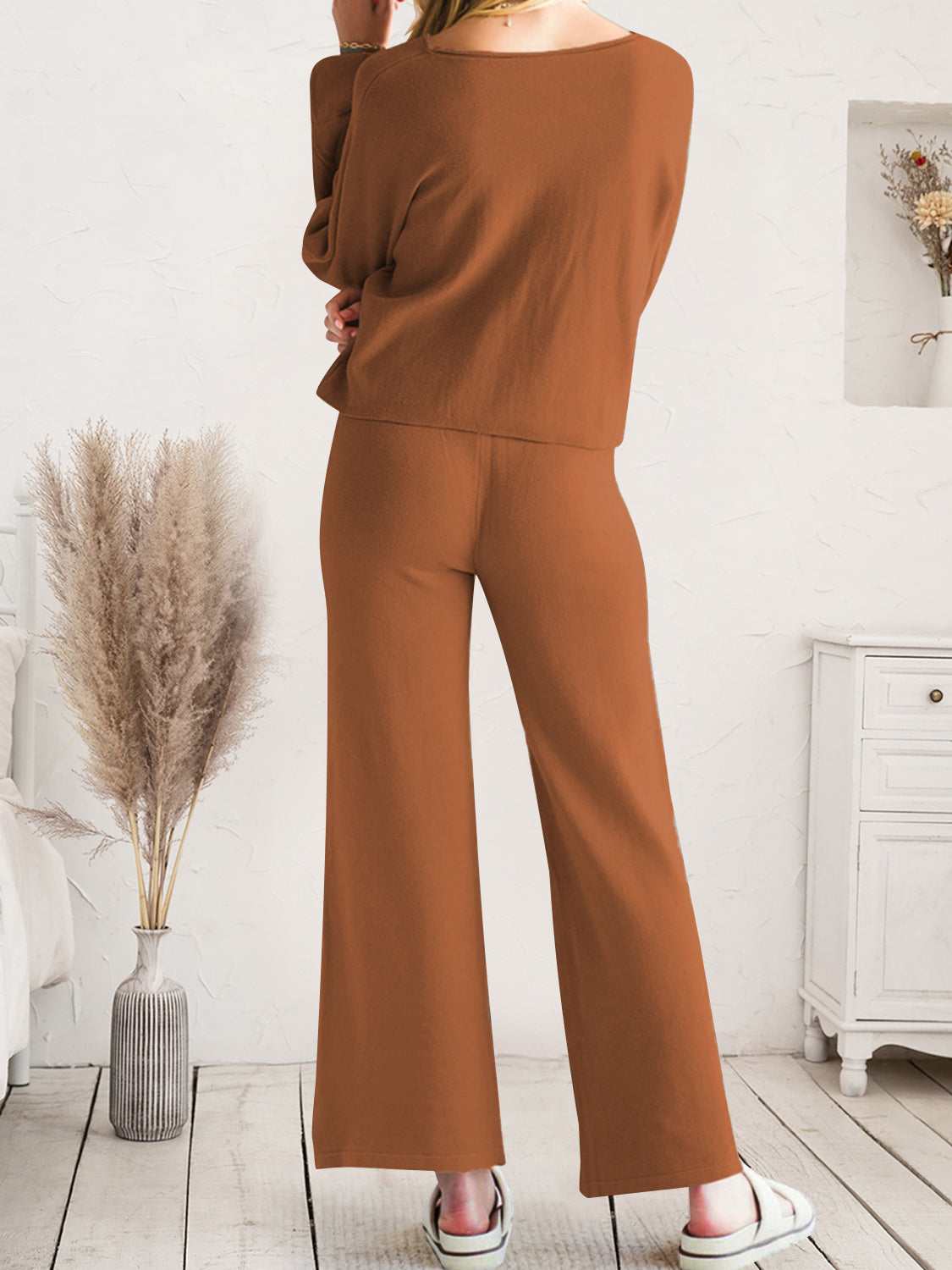 Long Sleeve Lounge Top and Drawstring Pants Set - The Boutie Shop