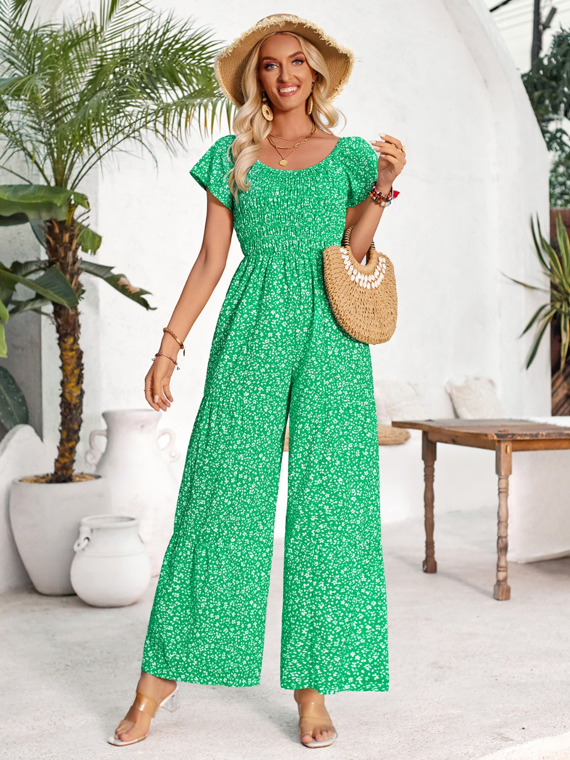 Smocked Printed Short Sleeve Jumpsuit - The Boutie Shop