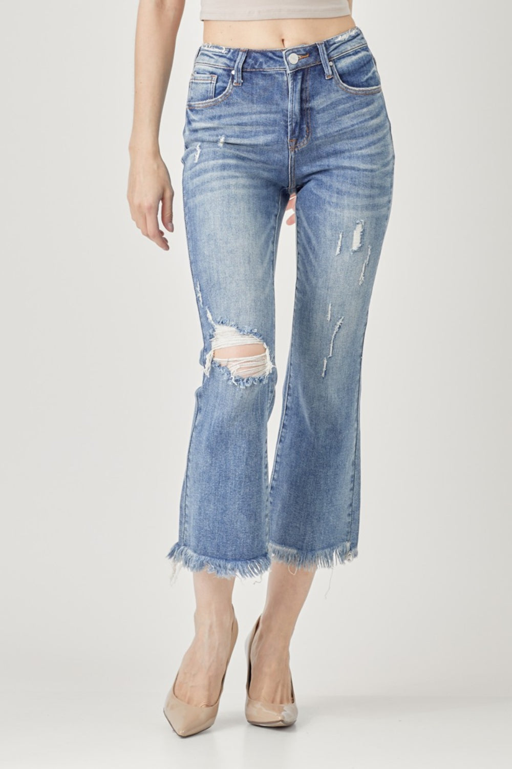 RISEN High Waist Distressed Cropped Bootcut Jeans - The Boutie Shop