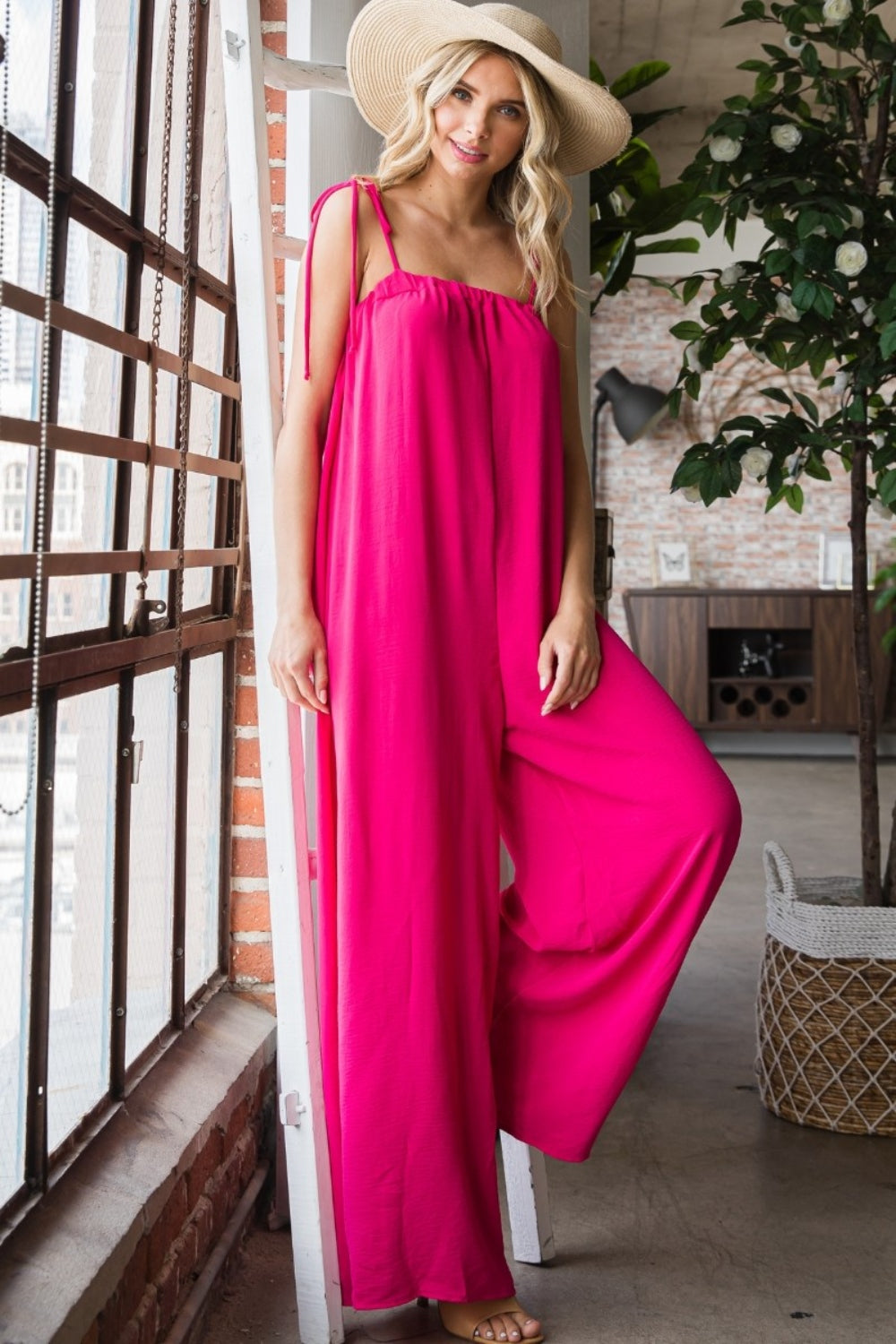 Veveret Pocketed Spaghetti Strap Wide Leg Jumpsuit - The Boutie Shop