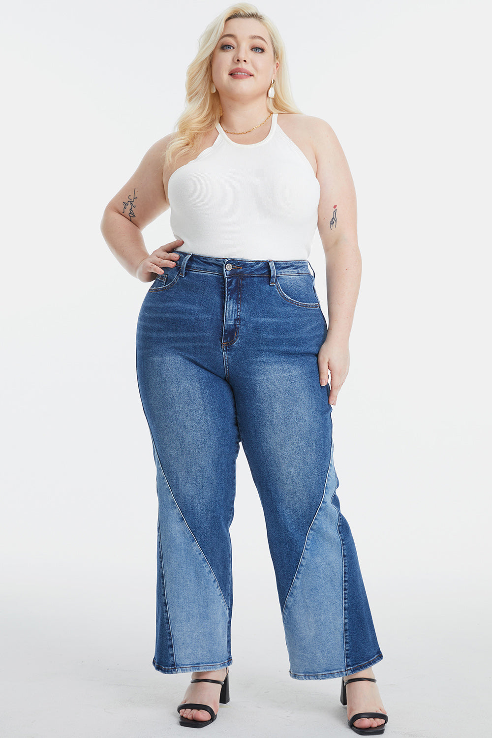 BAYEAS Full Size High Waist Two-Tones Patched Wide Leg Jeans - The Boutie Shop