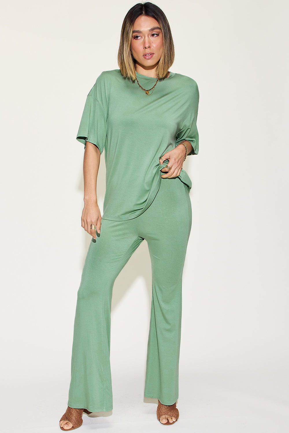 Basic Bae Full Size Bamboo Drop Shoulder T-Shirt and Flare Pants Set - The Boutie Shop