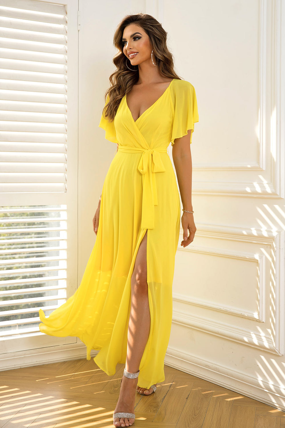 Tie Waist Flutter Sleeve Maxi Dress - The Boutie Shop