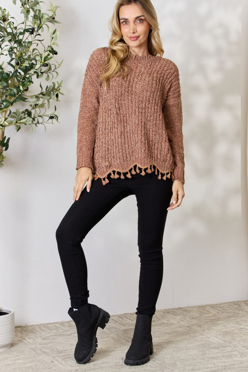 BiBi Tassel Trim Long Sleeve Sweater - The Boutie Shop