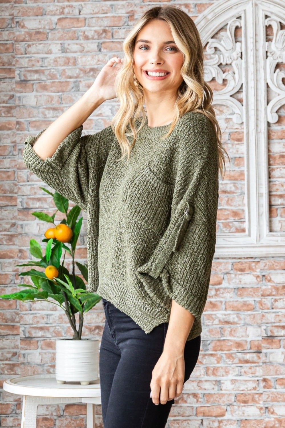 Veveret Round Neck Roll-Up Sweater - The Boutie Shop