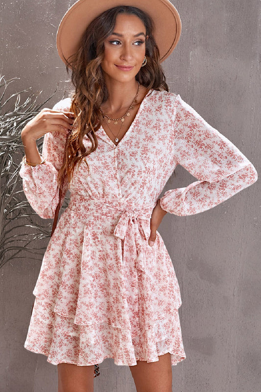 Floral Surplice Balloon Sleeve Layered Dress - The Boutie Shop