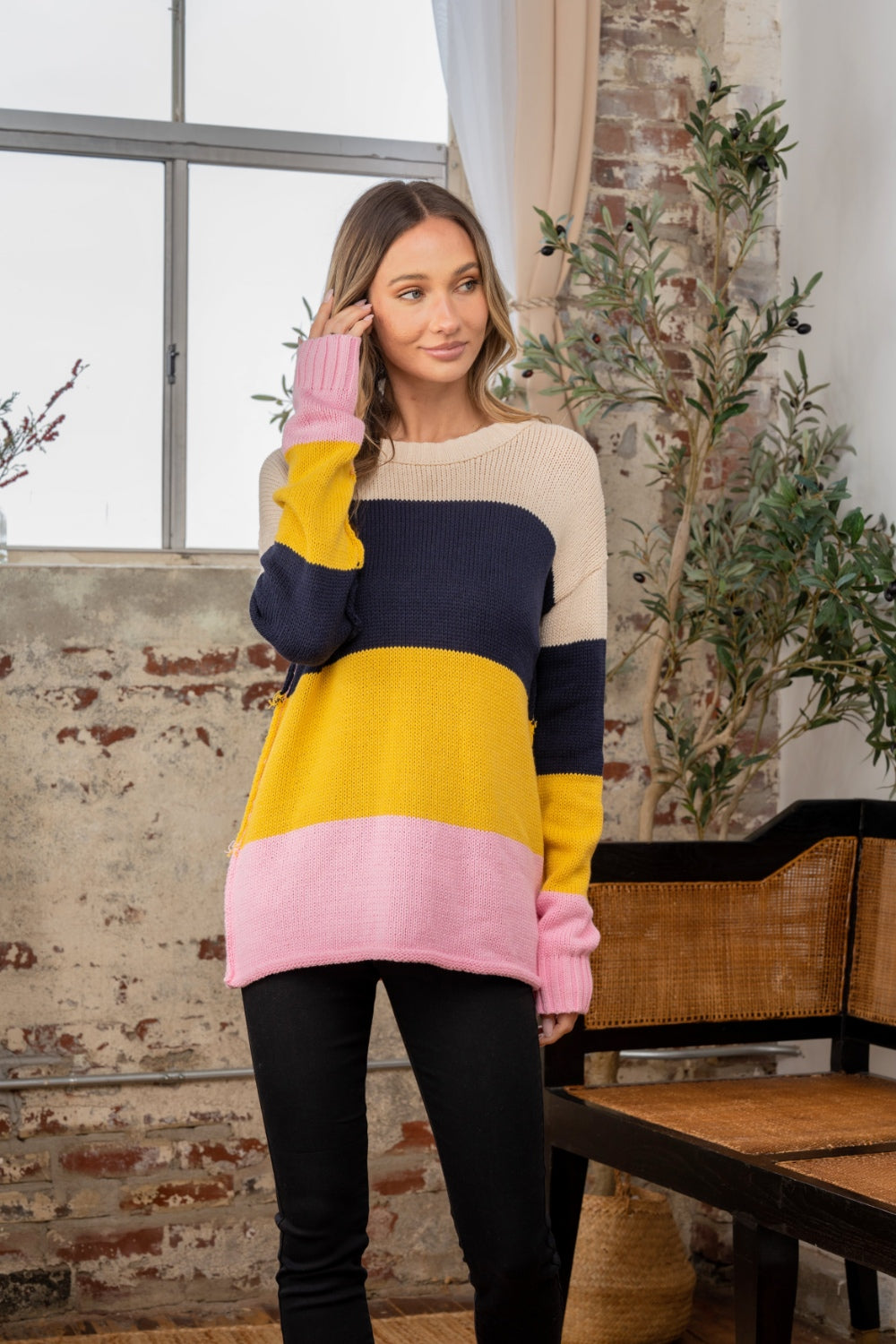 Sew In Love Full Size Color Block Exposed Seam Sweater - The Boutie Shop