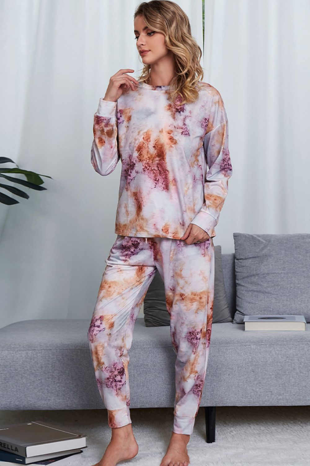 Shiny Tie-Dye Crewneck Top and Drawstring Waist Joggers Lounge Set - The Boutie Shop