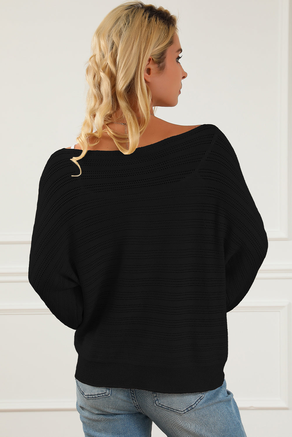 Openwork Boat Neck Lantern Sleeve Sweater - The Boutie Shop