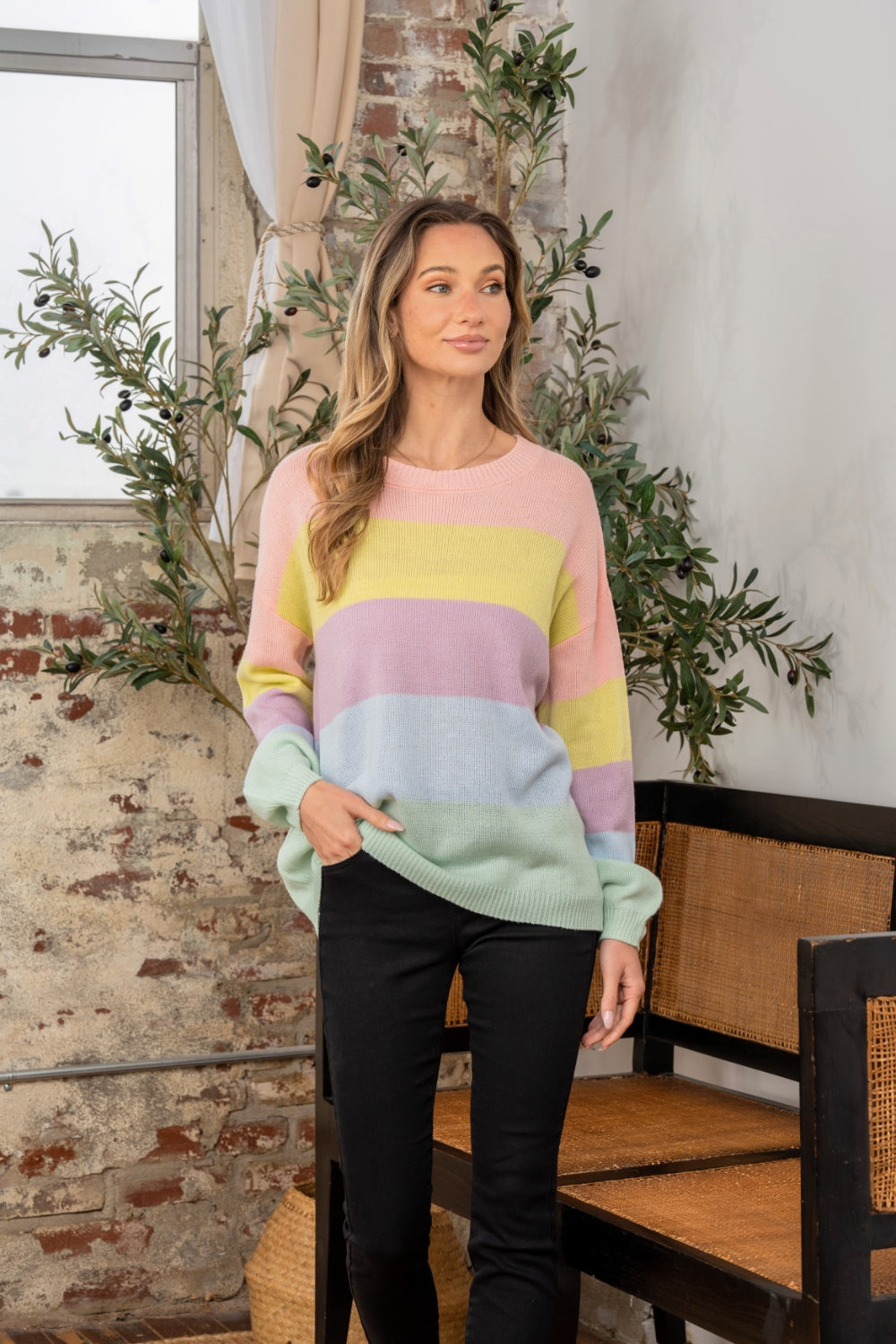 Sew In Love Full Size Color Block Round Neck Dropped Shoulder Sweater - The Boutie Shop