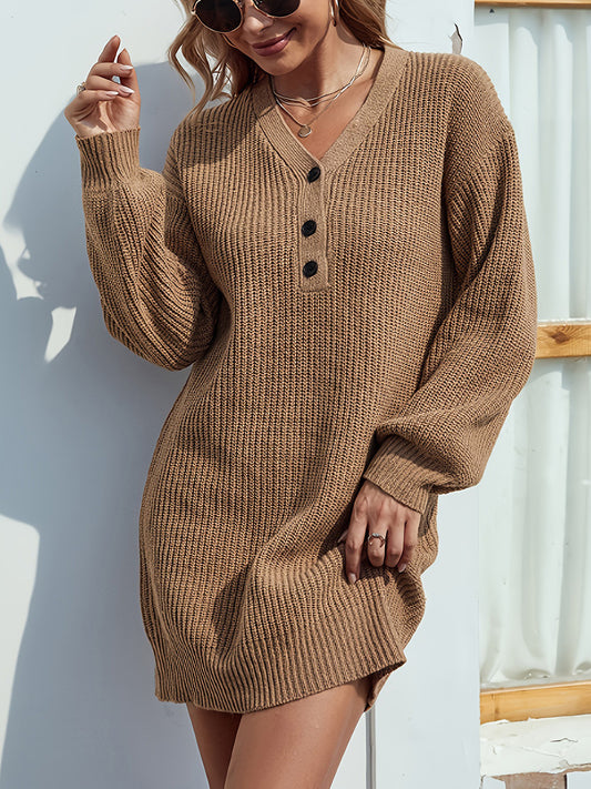 V-Neck Dropped Shoulder Mini Sweater Dress - The Boutie Shop