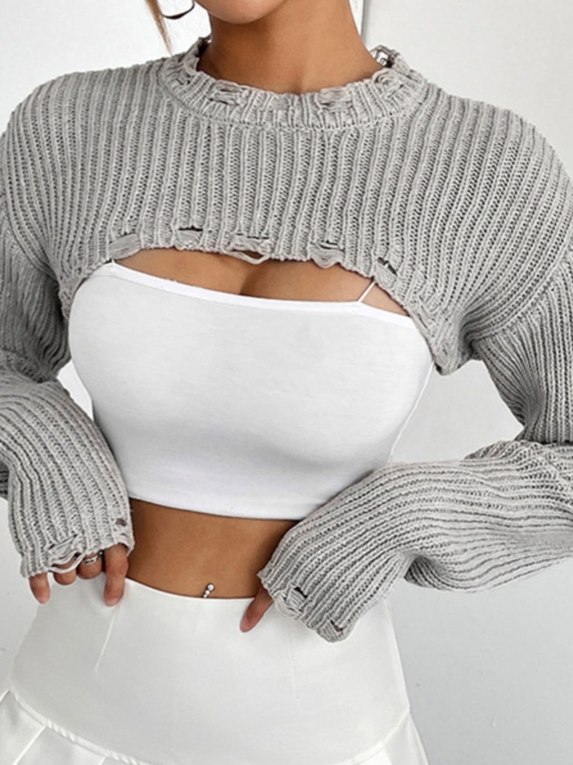 Distressed Long Sleeve Cropped Sweater - The Boutie Shop