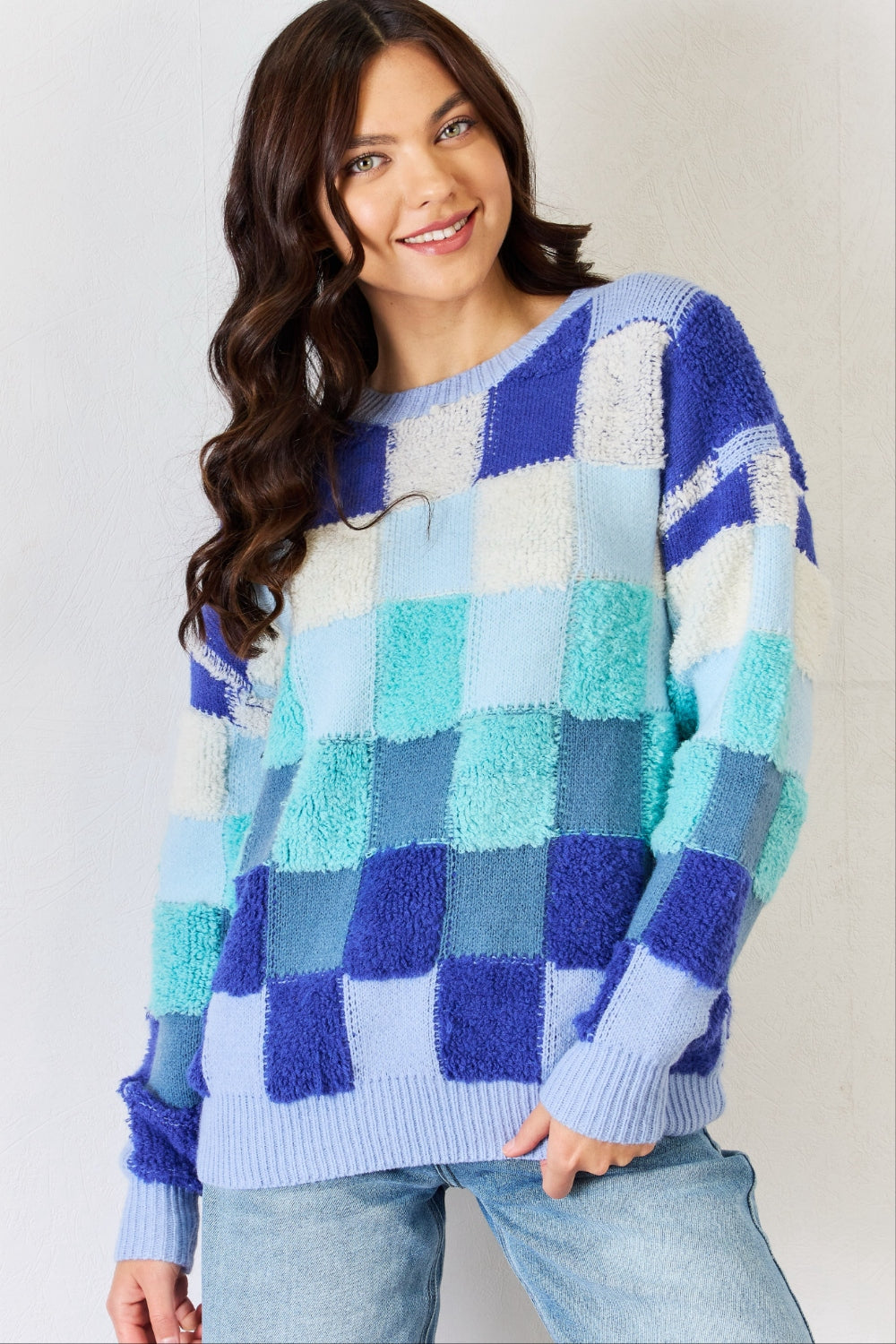 J.NNA Checkered Round Neck Long Sleeve Sweater - The Boutie Shop