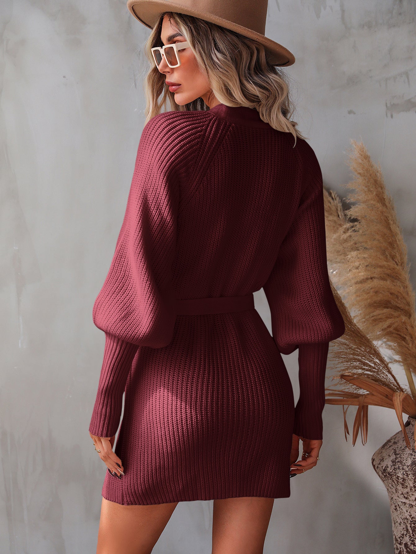 Belted Surplice Lantern Sleeve Wrap Sweater Dress - The Boutie Shop