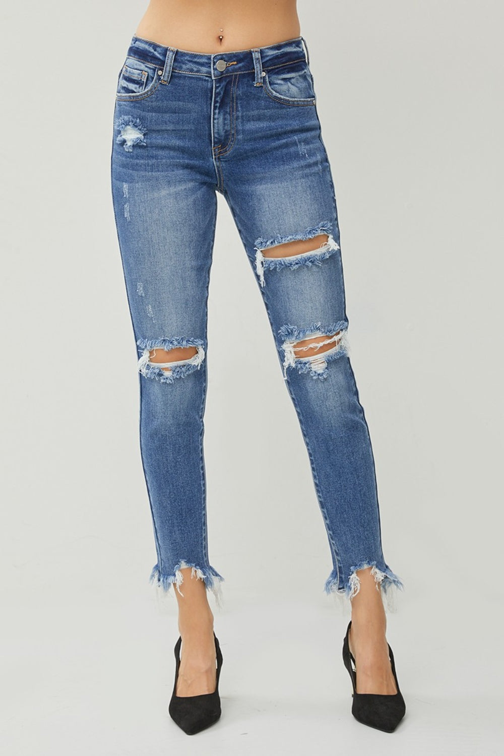 RISEN Distressed Frayed Hem Slim Jeans - The Boutie Shop