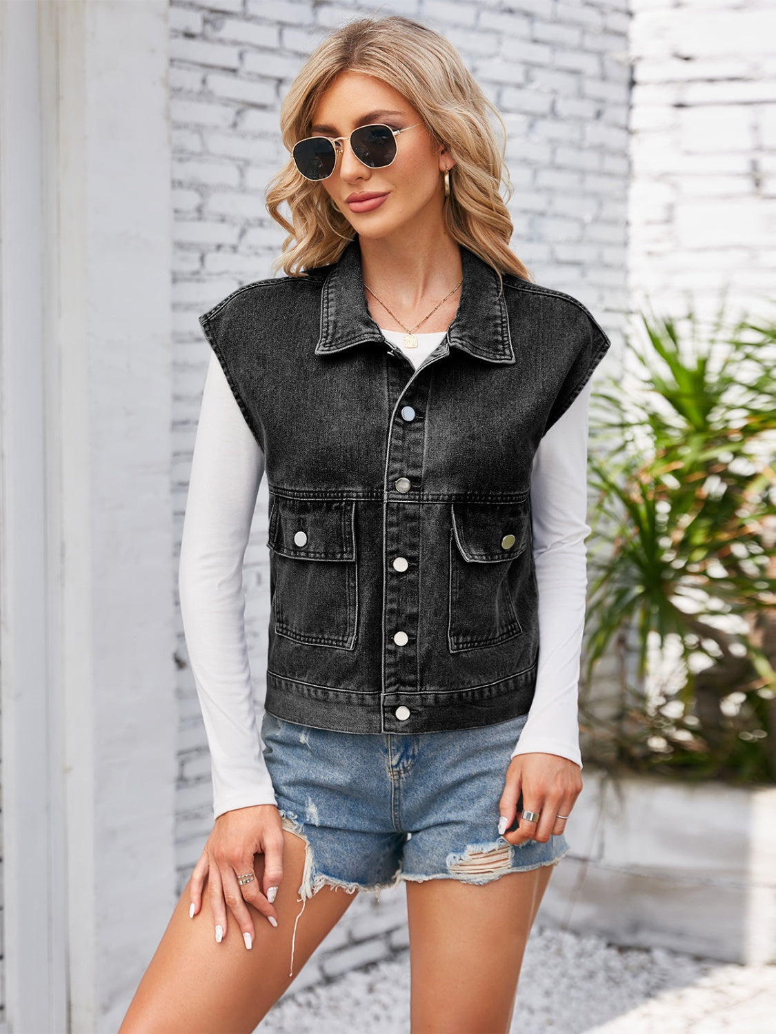 Cap Sleeve Denim Jacket with Pockets - The Boutie Shop