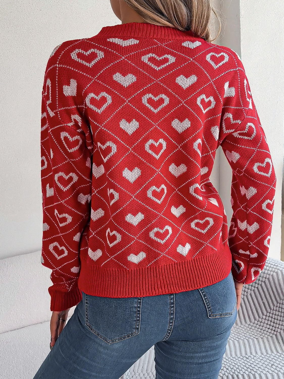 Heart Pattern V-Neck Long Sleeve Sweater - The Boutie Shop