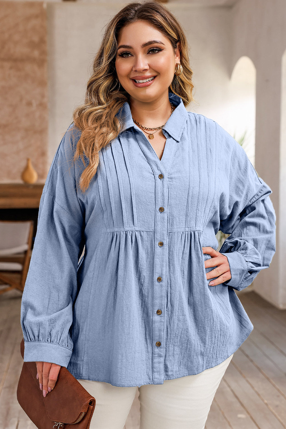 Plus Size High-Low Button Up Dropped Shoulder Shirt - The Boutie Shop