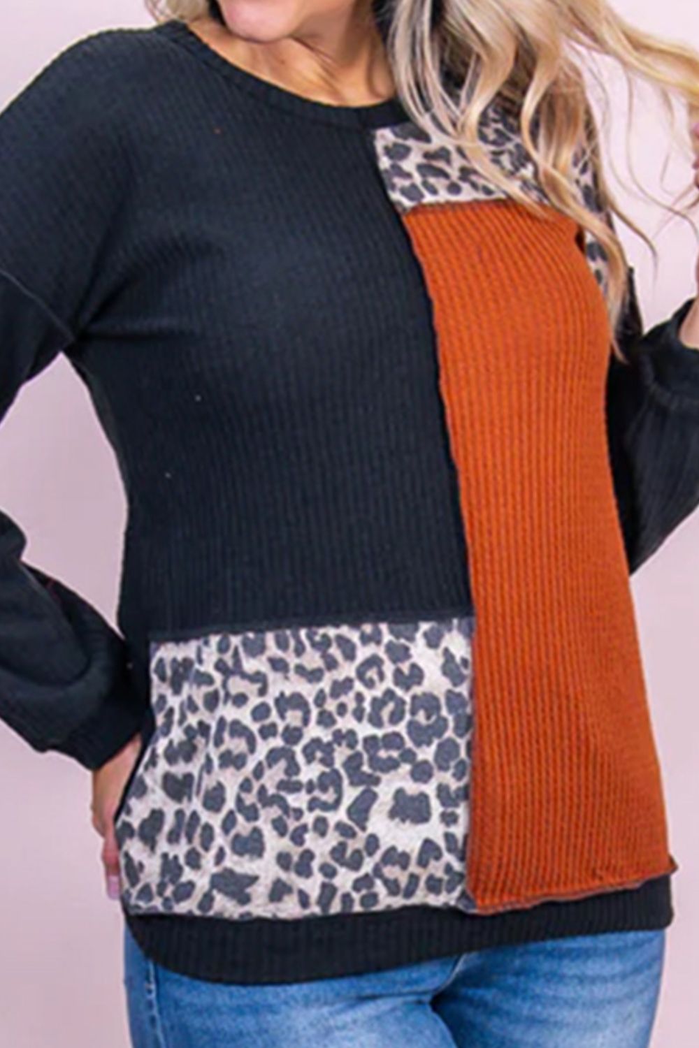 Plus Size Waffle-Knit Leopard Round Neck Blouse - The Boutie Shop