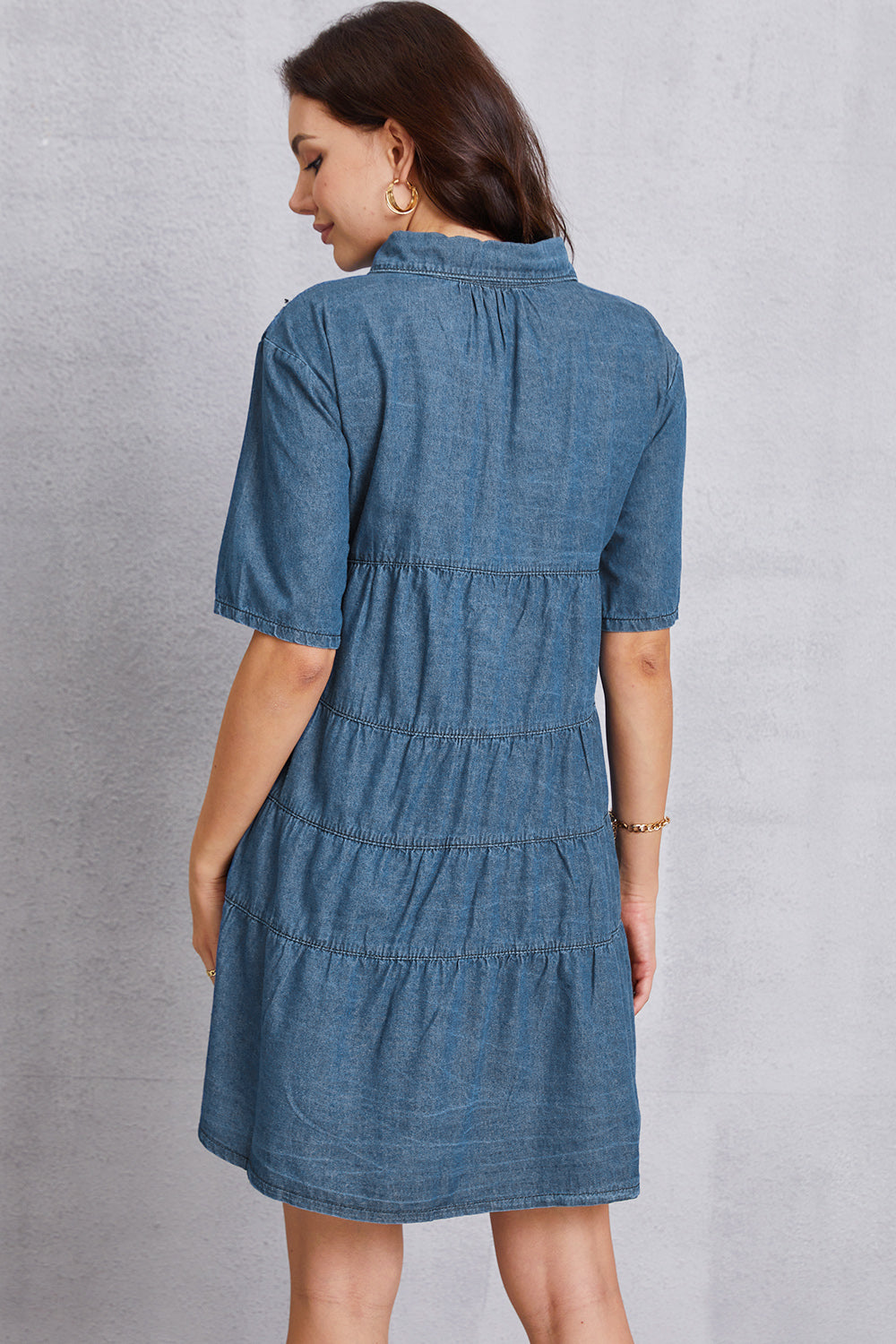 Button Up Collared Neck Tiered Denim Dress - The Boutie Shop