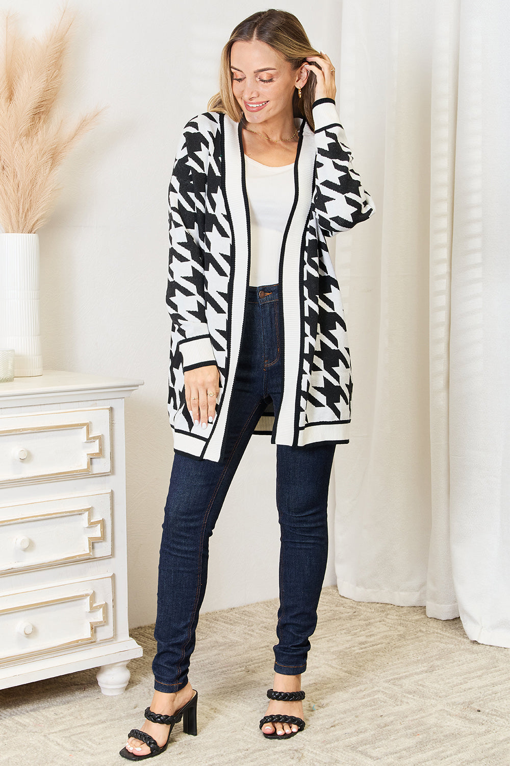 Mandy Woven Right Houndstooth Open Front Longline Cardigan - The Boutie Shop