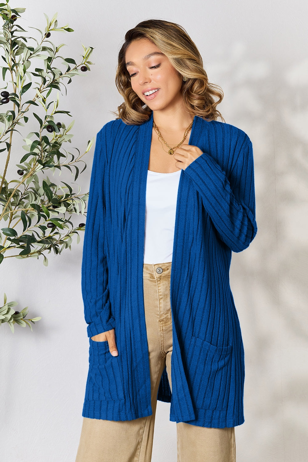 Basic Bae Full Size Ribbed Open Front Cardigan with Pockets - The Boutie Shop