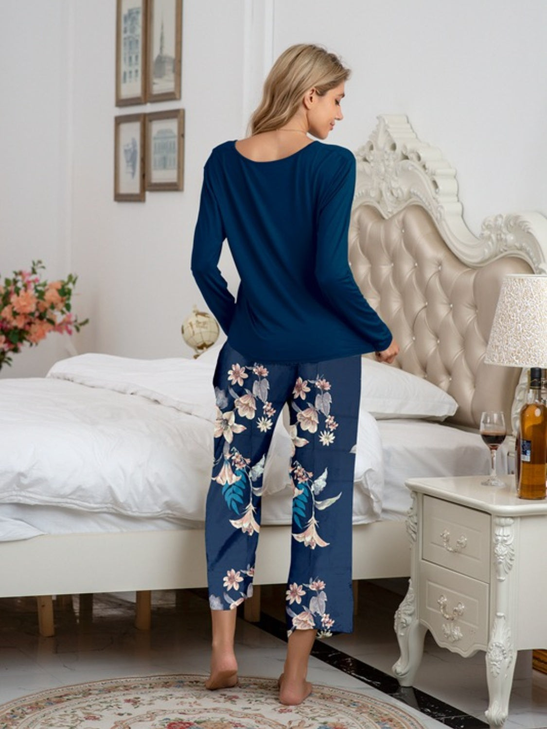 Round Neck Top and Printed Pants Lounge Set - The Boutie Shop