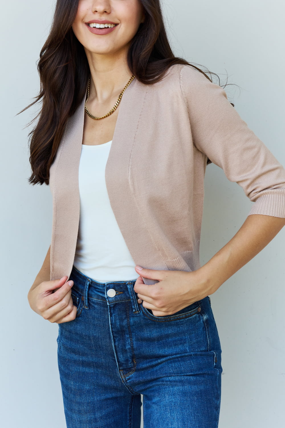 Doublju My Favorite Full Size 3/4 Sleeve Cropped Cardigan in Khaki - The Boutie Shop