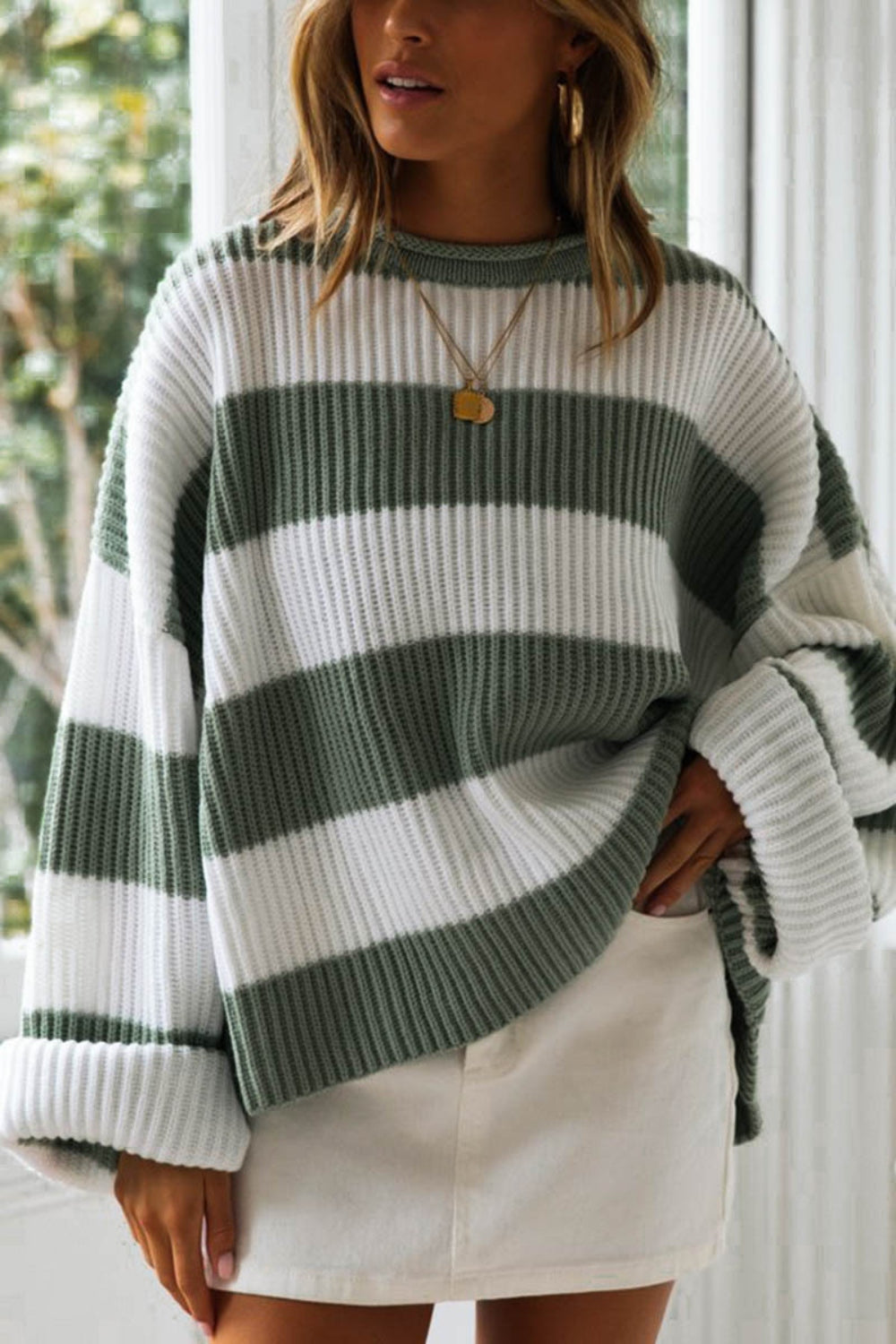 Striped Round Neck Long Sleeve Sweater - The Boutie Shop