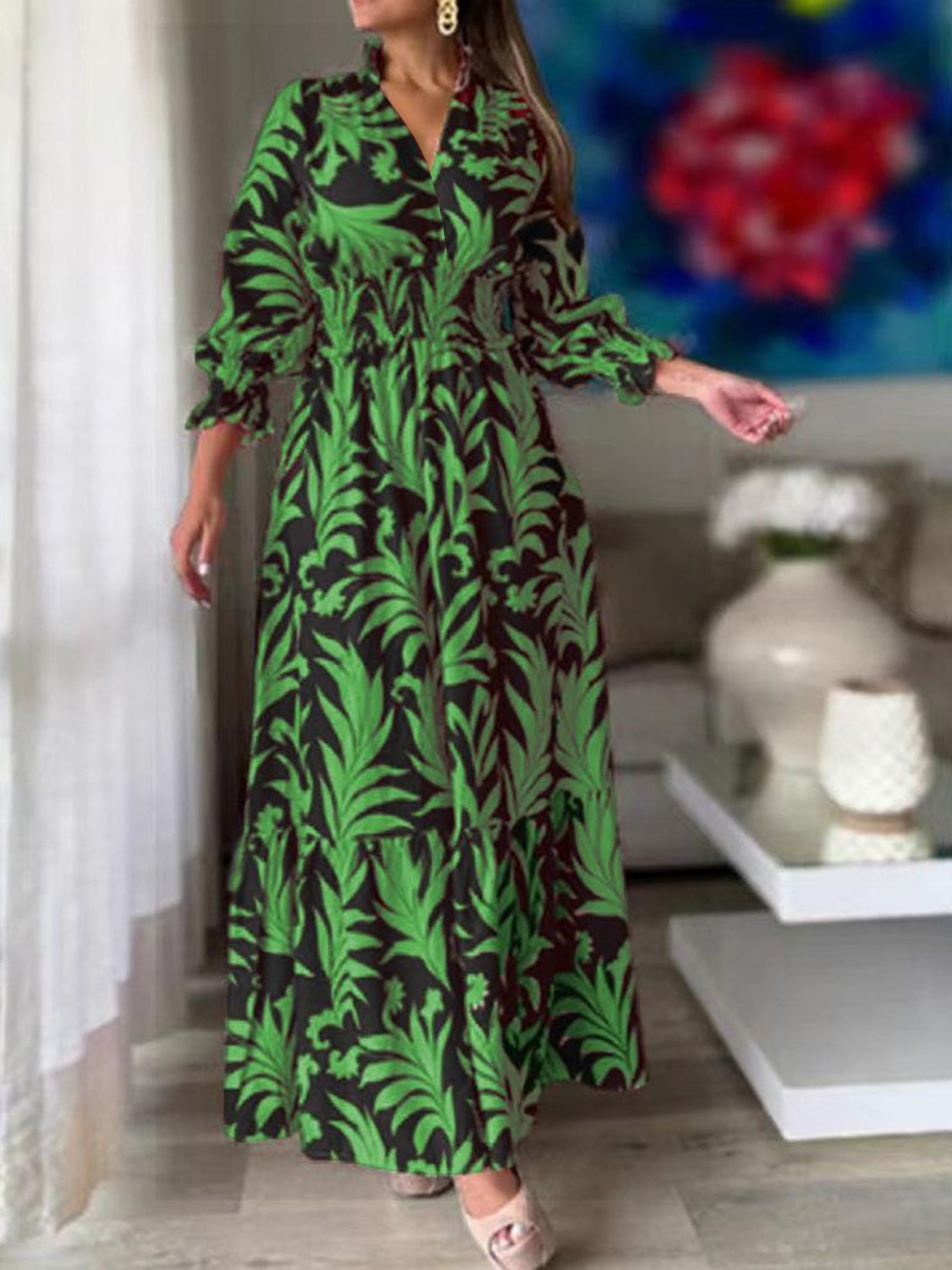 Printed Flounce Sleeve Maxi Dress - The Boutie Shop