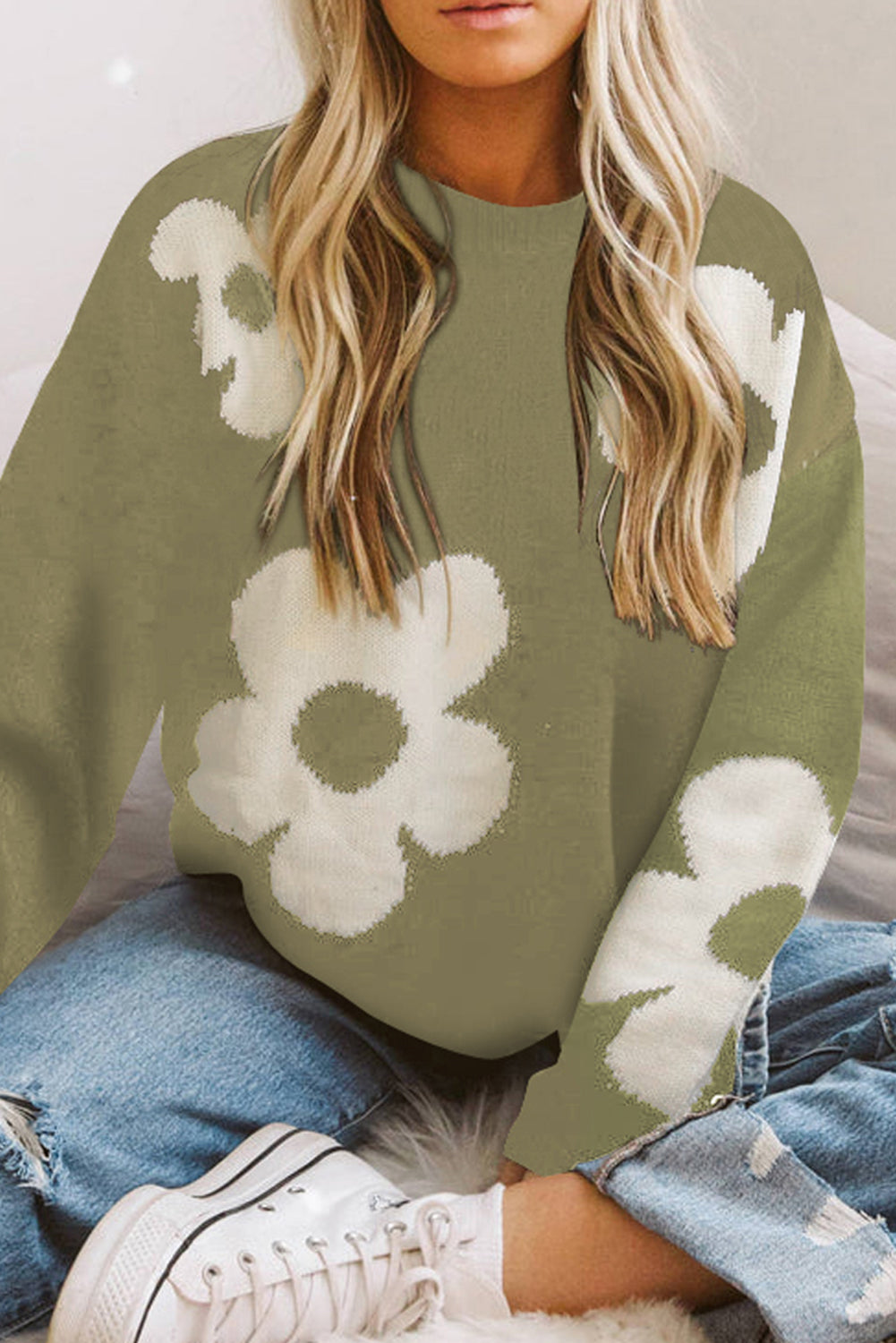 Round Neck Floral Pattern Color Contrast  Design Long Sleeve Sweater - The Boutie Shop