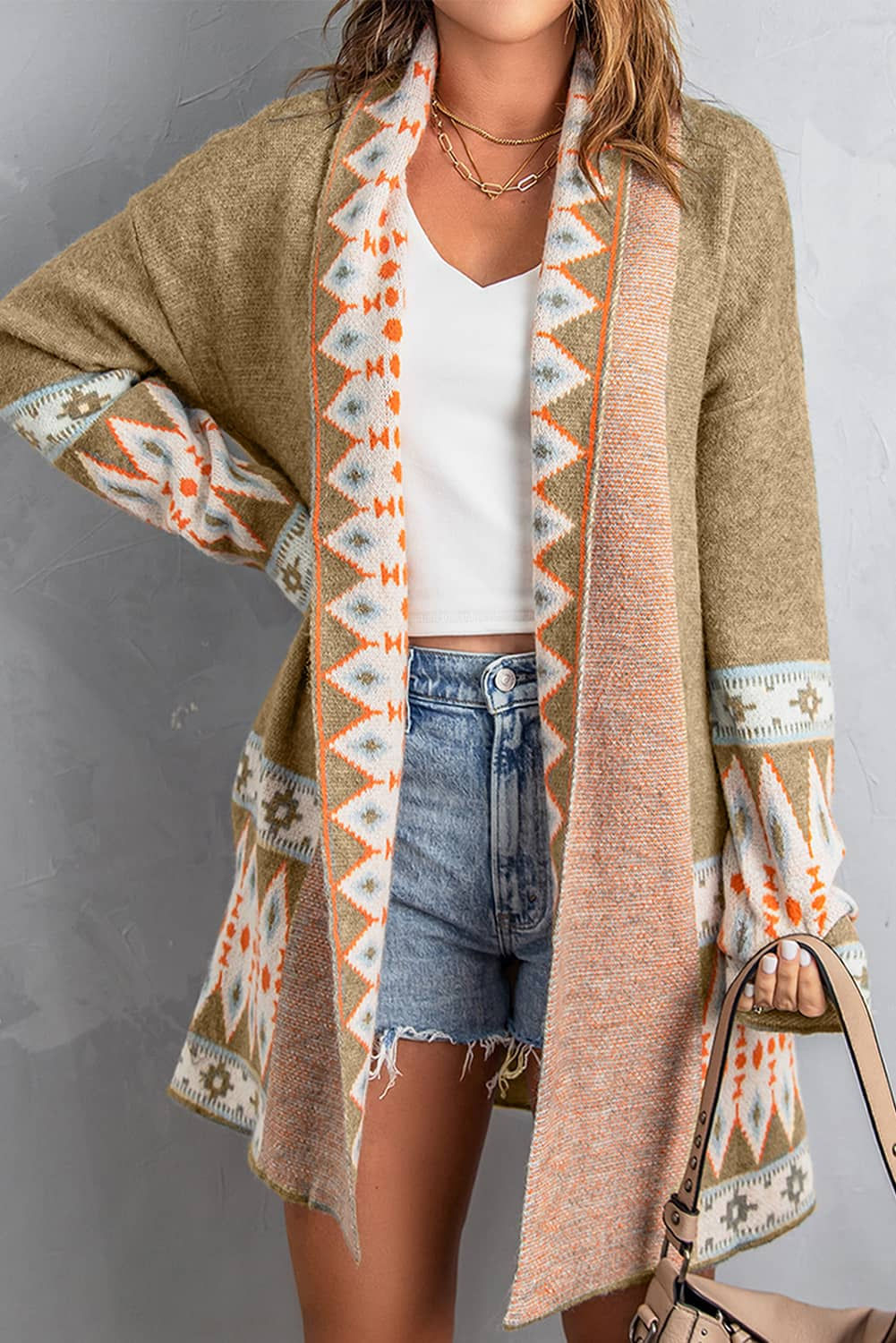 Geometric Open Front Long Sleeve Cardigan - The Boutie Shop