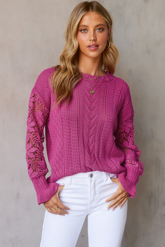 Openwork Lantern Sleeve Dropped Shoulder Sweater - The Boutie Shop