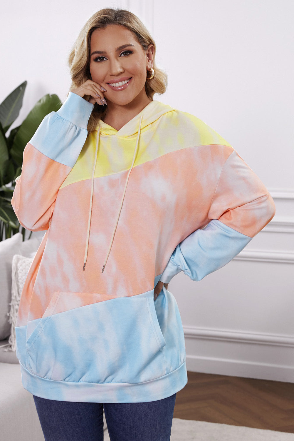 Plus Size Drawstring Color Block Dropped Shoulder Hoodie - The Boutie Shop