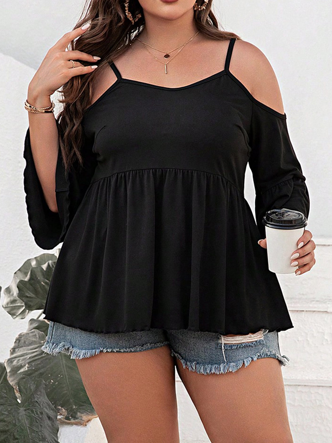 Plus Size Cold Shoulder Flounce Sleeve Blouse - The Boutie Shop