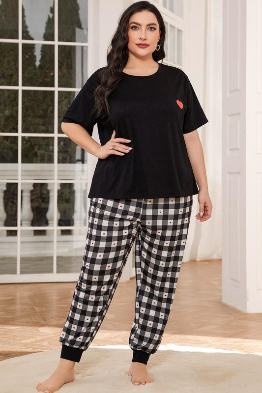 Plus Size Round Neck Short Sleeve Two-Piece Lounge Set - The Boutie Shop